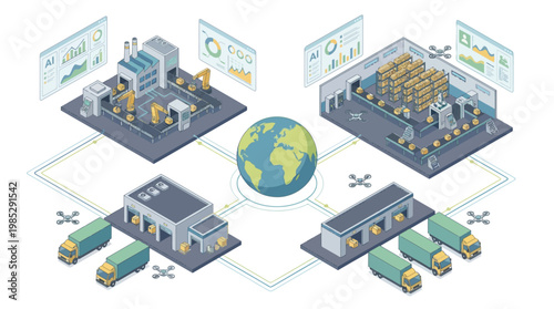 Isometric Smart Supply Chain and Global Logistics Network with AI Automation, Factory Manufacturing and Warehouse Distribution System for Corporate Business Presentations and Infographics