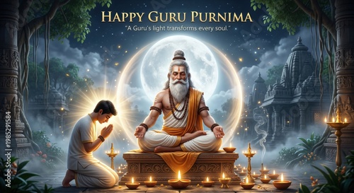 A young disciple bows in reverence to a meditating guru under a full moon, with oil lamps and ancient temple ruins creating a sacred ambiance for Guru Purnima
