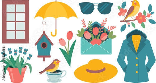 Flat cartoon spring summer illustration set with umbrella birdhouse tulips flowers sunglasses raincoat and seasonal decorative elements
