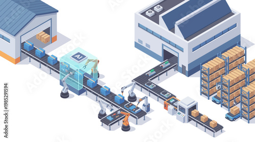 Isometric Smart Factory with AI Robot Assembly Line and Automated Warehouse Logistics for Industrial Digital Transformation