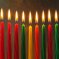 A row of lit candles in red, green, orange, and yellow