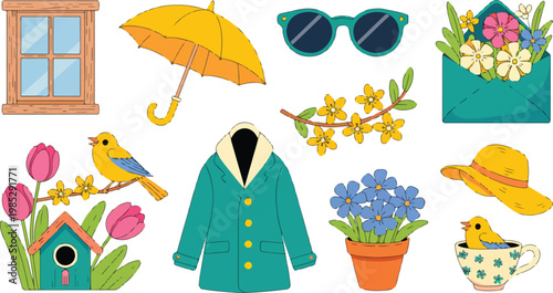 Flat cartoon spring summer illustration set with umbrella birdhouse tulips flowers sunglasses raincoat and seasonal decorative elements