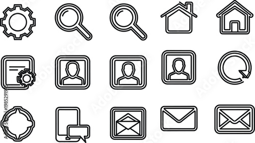 Minimal outline icon set featuring user interface elements communication navigation and system controls for web and mobile applications