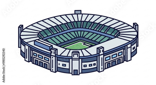 Large modern blue and white sports stadium with green field and empty seats illustration