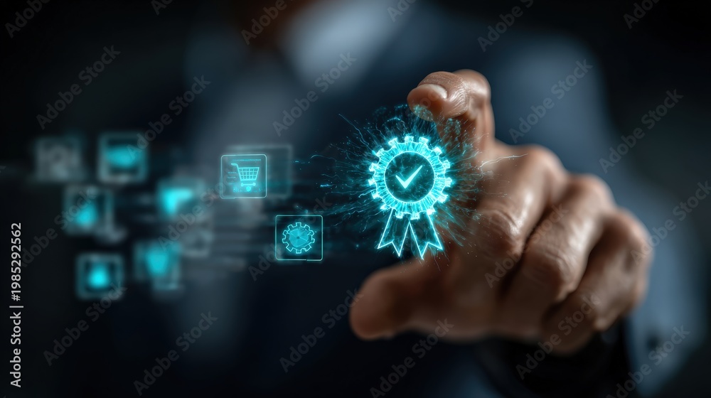 Fototapeta premium A close-up shot of a professional hand activating a glowing certification icon. ..Created with Generative AI, not depicting real subjects.