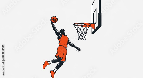 Man in orange uniform jumping to dunk basketball into hoop with orange rim and black backboard on white background