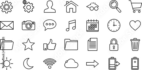 Minimal outline user interface icon set featuring communication media navigation and system elements for web apps mobile design and digital use
