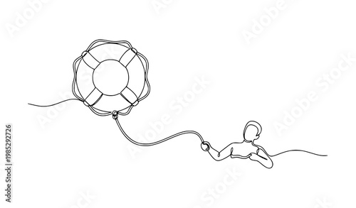 Continuous line drawing rescue teamwork concept life buoy helping drowning person vector illustration