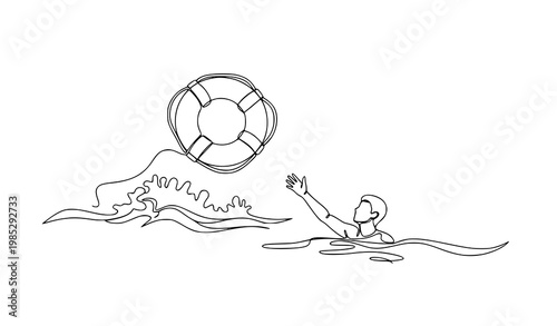 Continuous one line drawing life buoy rescue saving drowning concept vector illustration