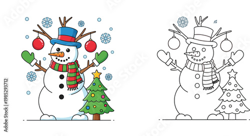 Cute Snowman and Christmas Tree Vector Illustration with Matching Coloring Page for Kids Winter Holiday and School Activities