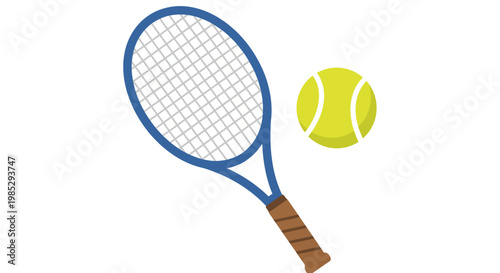 Blue tennis racket and yellow ball, sports equipment