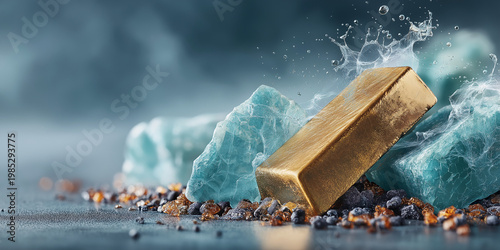 Gold bar with blue crystals and water splash