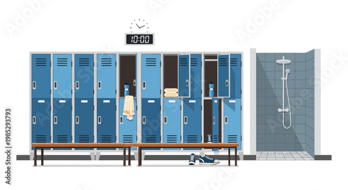 Blue gym lockers and shower stall with clock