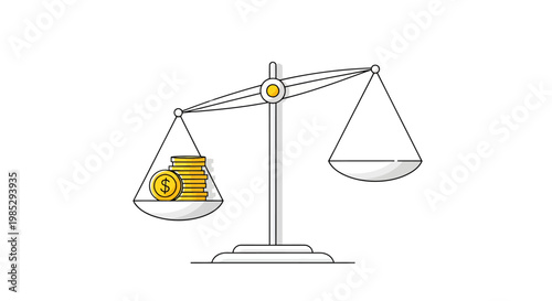 An imbalanced scale weighing a stack of gold dollar coins against an empty pan.