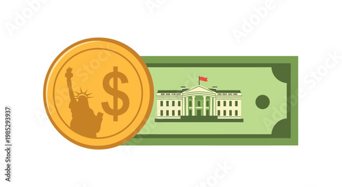 American Finance: Dollar Coin with Statue of Liberty and Green Banknote with White House