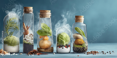 Glass jars with spices and herbs under smoke