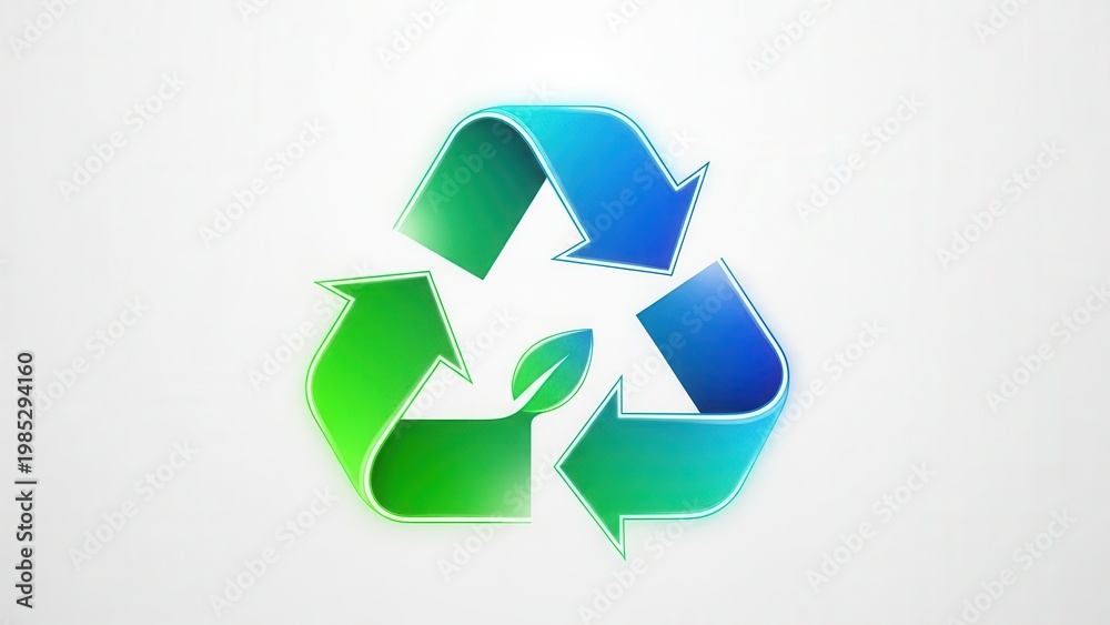 Fototapeta premium Dynamic 3D style recycling symbol with a green leaf at its core, promoting ecological