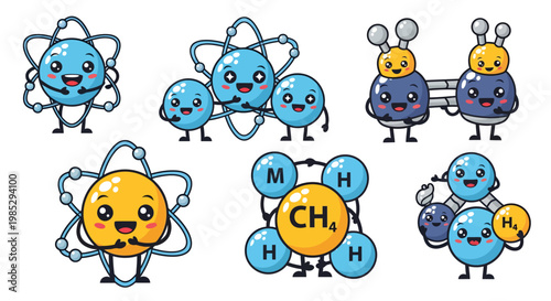 Adorable Cartoon Atoms and Molecules with Happy Faces