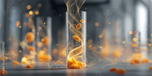 Abstract orange fluid particles in glass tubes
