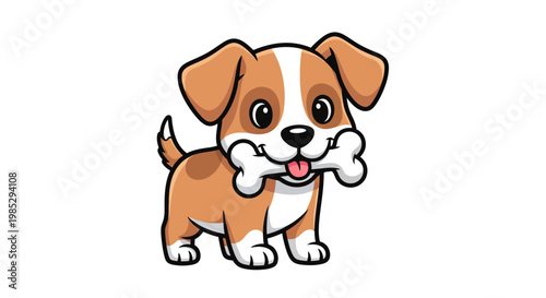 Adorable brown and white cartoon puppy standing happily with a large bone in its mouth.
