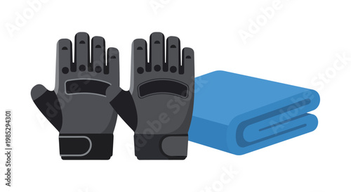 A pair of gray fingerless workout gloves and a folded blue towel for fitness and gym training.