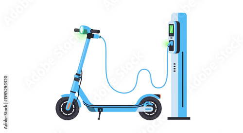 A modern blue electric scooter plugged into a charging station, illustrating eco-friendly urban transportation.