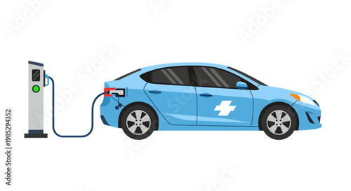 A modern blue electric car with a plus symbol charging its battery at a public station