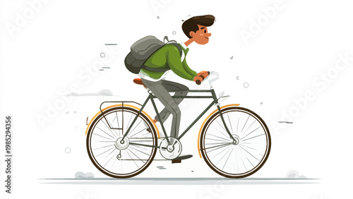 Vibrant illustration of a young man commuting by bicycle, promoting active, sustainable, and healthy urban travel