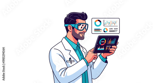 A male scientist in a lab coat and goggles analyzing data on a tablet with a futuristic holographic interface.