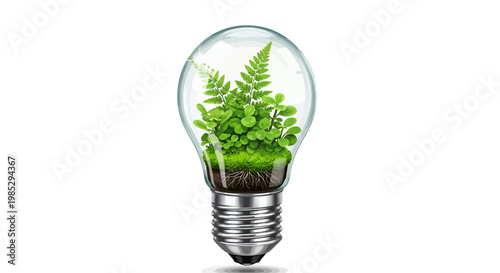 A light bulb filled with lush green plants and visible roots, symbolizing nature's energy.