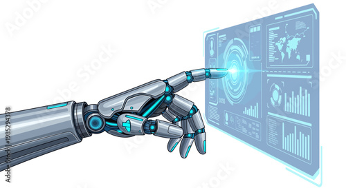 A futuristic robotic arm with glowing blue lights touching a digital data interface.