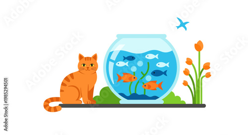 A curious ginger tabby cat sitting next to a round fishbowl with small colorful fish and orange flowers.