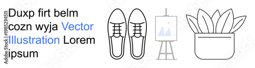Fashion, art, home decor, modern lifestyle, minimal aesthetics, creativity. Line art of shoes, an easel with canvas and a potted plant. Fashion and art in modern design
