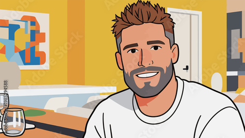 Illustration of a smiling bearded man in interior