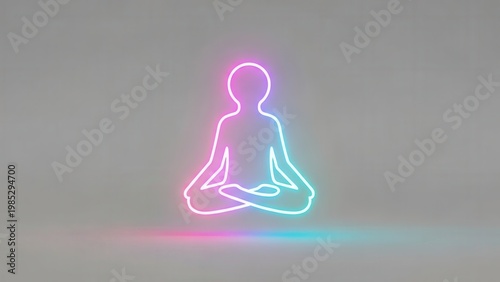 Glowing neon silhouette meditating for inner peace and mindfulness in a serene modern setting