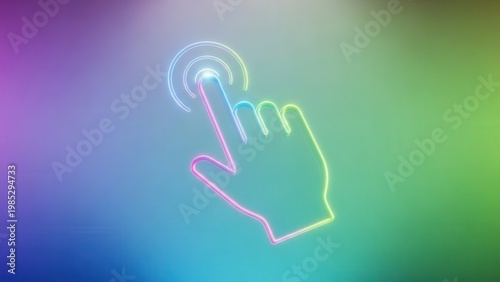 Vibrant neon finger tap animation on a holographic gradient backdrop indicating digital interaction