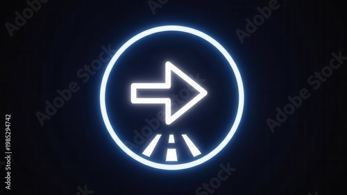 Vibrant neon arrow icon with road markings indicating digital navigation and progressive future path