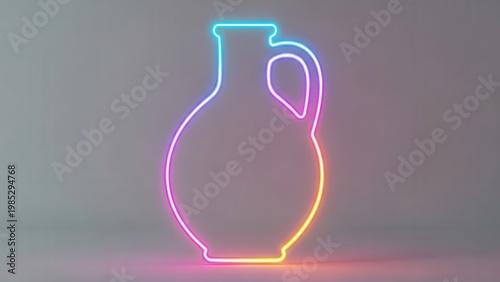 Vibrant neon outline of a classic pitcher illuminating a minimalistic gray space with modern