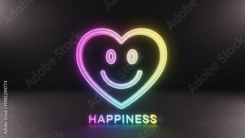 Rainbow colored glowing heart with a cheerful smiley face illuminating the concept of pure happiness