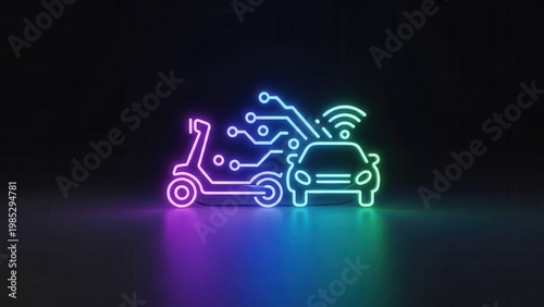 Futuristic neon light icons representing smart electric mobility and interconnected urban