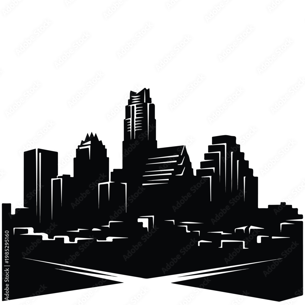 Fototapeta premium Austin skyline vector silhouette featuring iconic tall buildings and modern skyscrapers with intersecting roads in striking black outline design