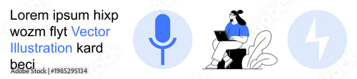 Technology, digital communication, content creation, podcasts, voice recognition, energy efficiency. Person seated with laptop, microphone and lightning bolt icons. Technology and digital