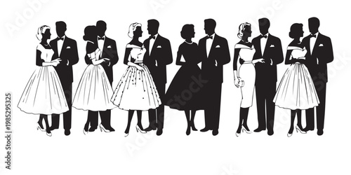 Retro illustration of couples dressed in formal attire for a social event.