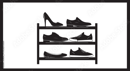 Rack displaying selection of footwear including high heels loafers and sneakers.