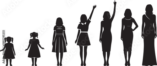 Silhouette set of female characters showing growth from child to adult woman.