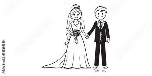 Wedding couple line drawing of bride and groom holding hands in attire.