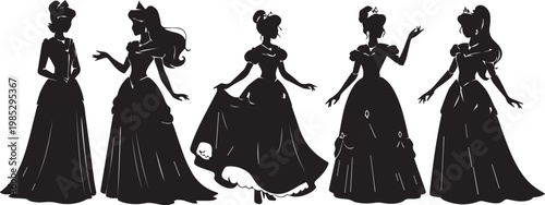Vector silhouettes of princess characters wearing elegant ball gowns with crowns.