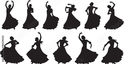 Silhouettes of flamenco dancers in flowing dresses on a transparent background.