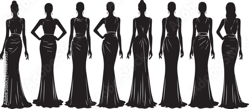 Collection of elegant woman silhouettes in flowing evening gowns.