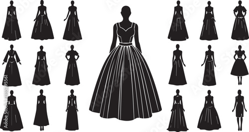 Array of black silhouettes of women in vintage ballroom and formal dresses.